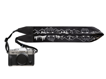 Wildtree Van life Camera strap featuring mountains, trees, cacti and Volkswagen Bus