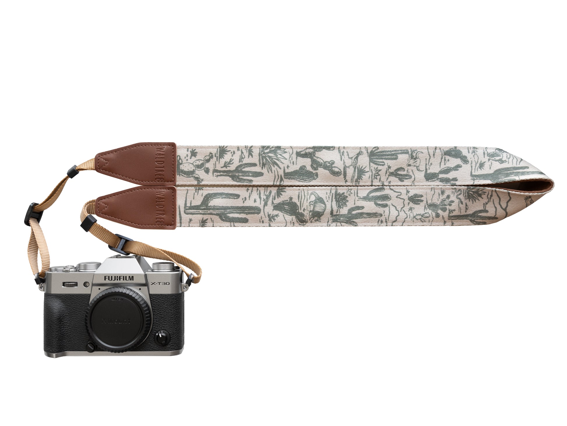 Western Landscape camera strap. Camera strap printed with cacti, desert wildlife, mountains and other desert plants. Tan and green colored with brown leather ends