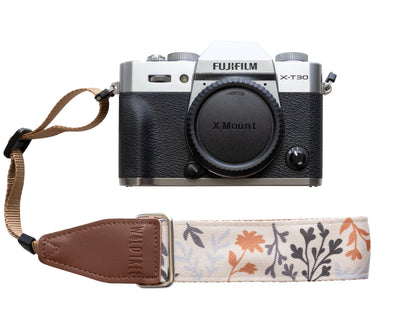 Wildtree Wildflower Floral camera wrist strap attached to Canon film camera
