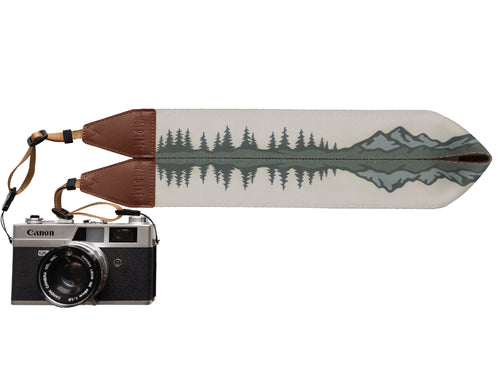 Wildtree Mountain and tree Camera strap featuring green trees and blue mountains