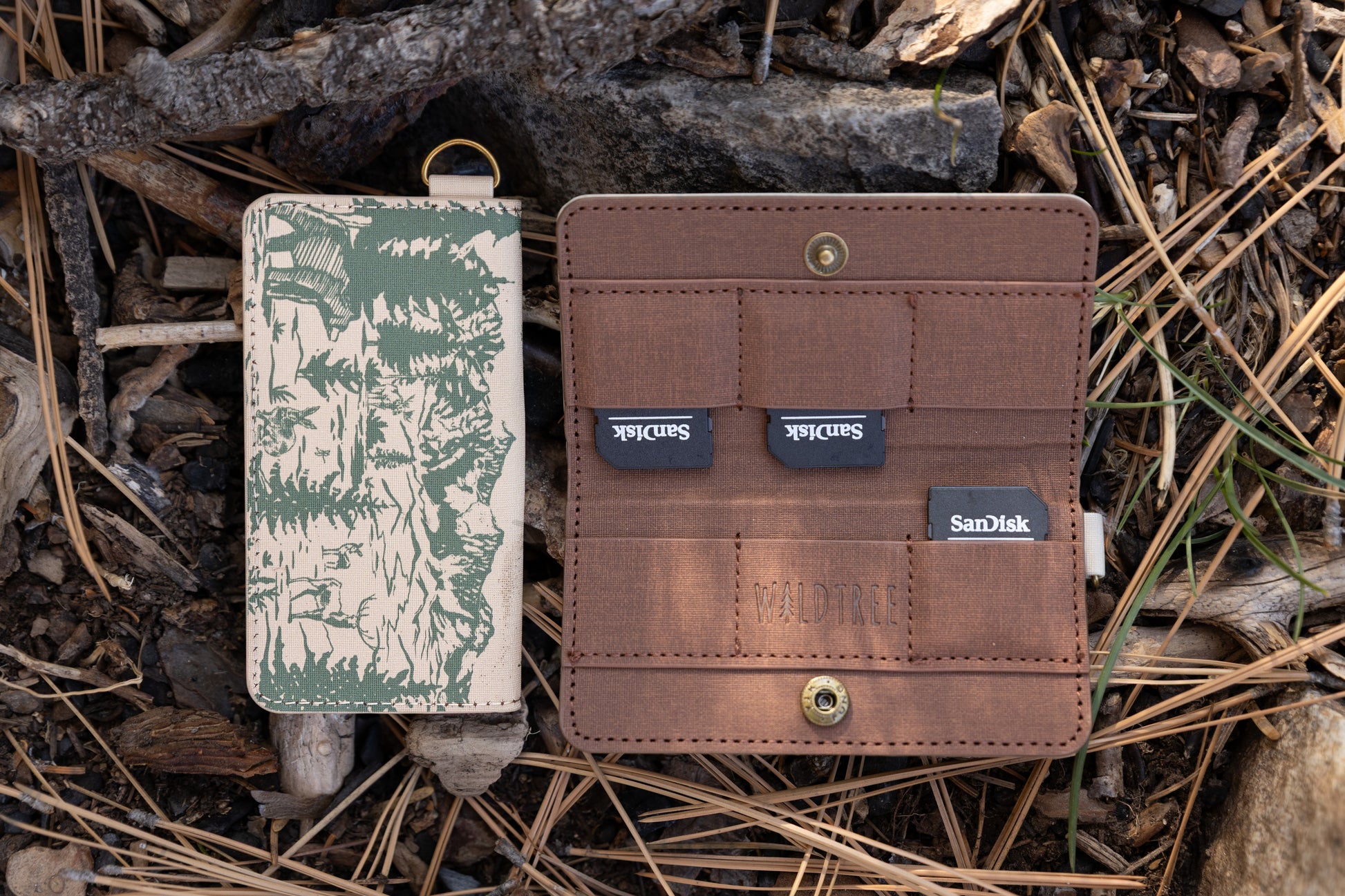 The exterior and interior views of a forest-themed memory card case. The exterior features a green mountain illustration, while the brown fabric interior holds three SanDisk SD cards.