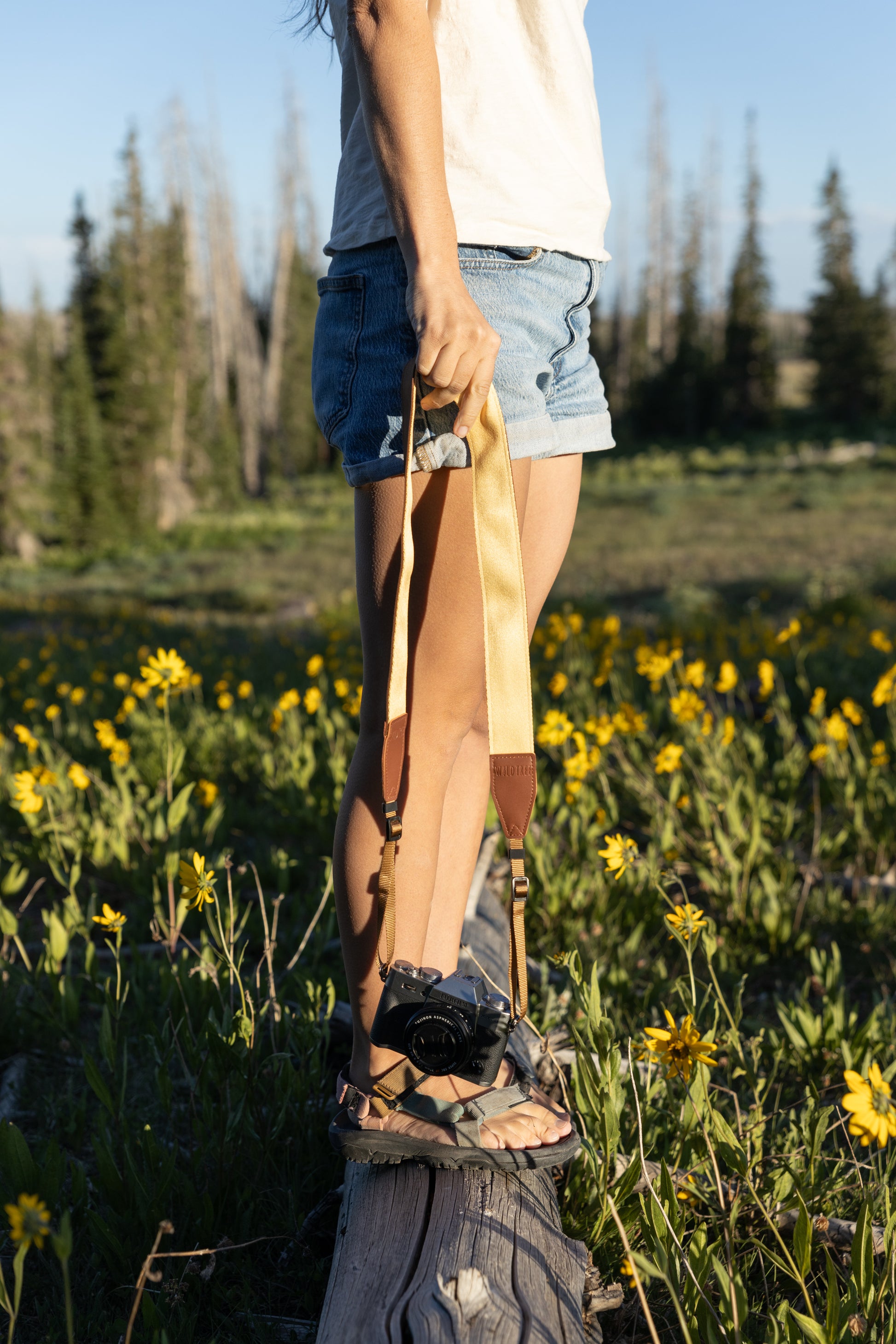 A person stands on a dead log in a sunny, wildflower-filled field. They are holding a Wildtree Outdoor camera strap that is a vibrant, bright yellow/mustard fabric connected to a brown leather end piece, which is attached to a black and silver vintage-style camera.