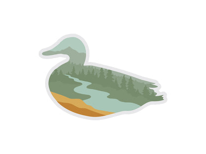 Duck shaped sticker with mountains, rivers and trees