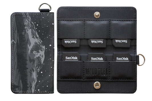 Parks at Night SD card holder shown closed and open, revealing six SanDisk card slots