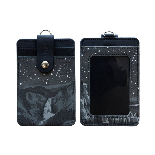 Parks at Night ID badge holder showing Bryce Canyon National Park on the front and Yellowstone National Park on the back under a starry night sky