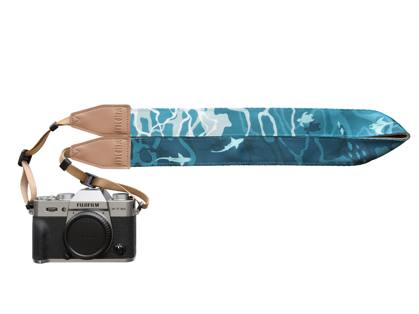 Ocean designed themed Camera Strap. mix of light and dark blues. Ocean water, turtles, sharks, fish and manta rays. light tan leather ends and light tan faux suede backing