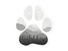 Load image into Gallery viewer, Wildtree Paw sticker with mountains and trees art
