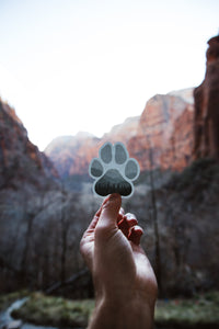 hand holding up Wildtree Paw sticker in Zion National Park