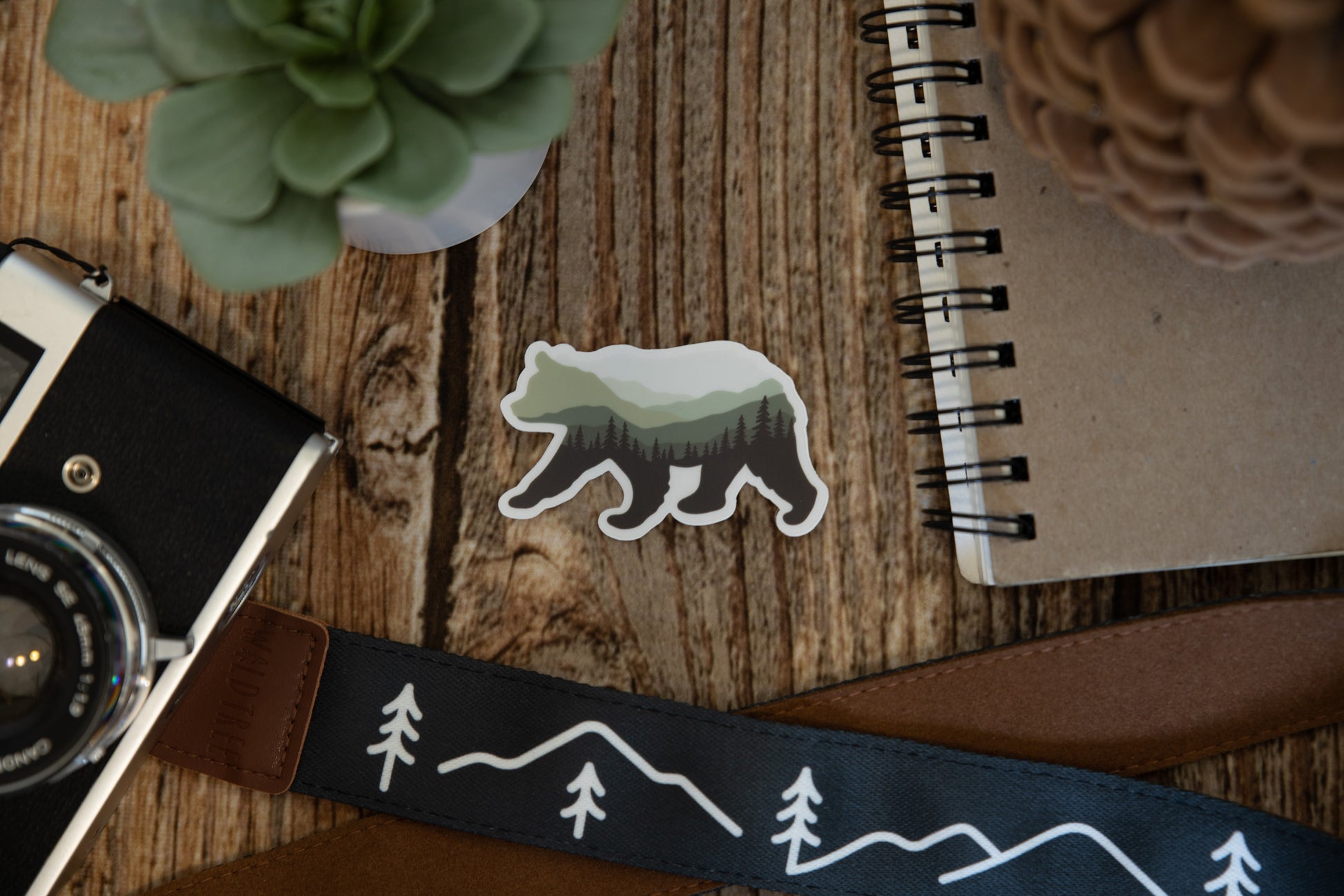 Bear Landscape Sticker on wood background with notebook camera and succulent