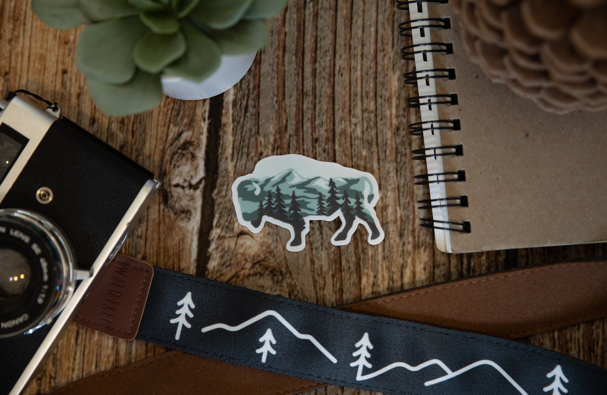 Bison shaped Landscape Sticker design with trees and mountains