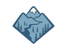 Load image into Gallery viewer, Blue Mountain Sticker graphic with trees mountain and hammock
