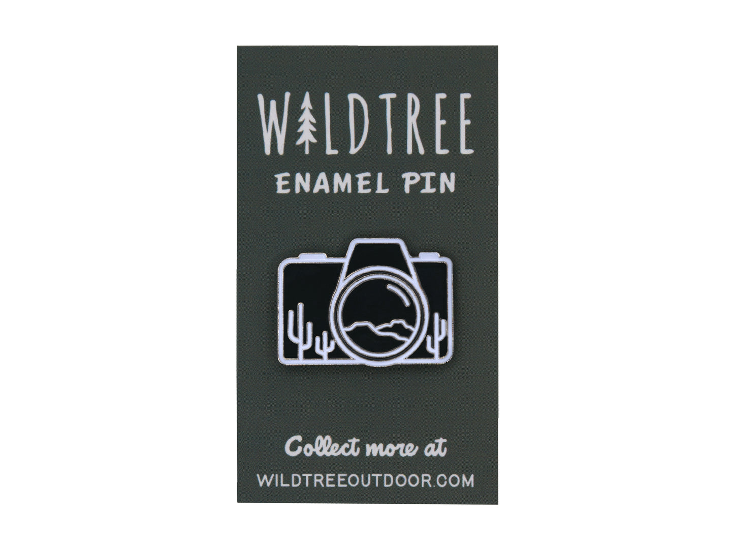 Camera shaped enamel pin with desert mountains and cacti on enamel pin green backing 