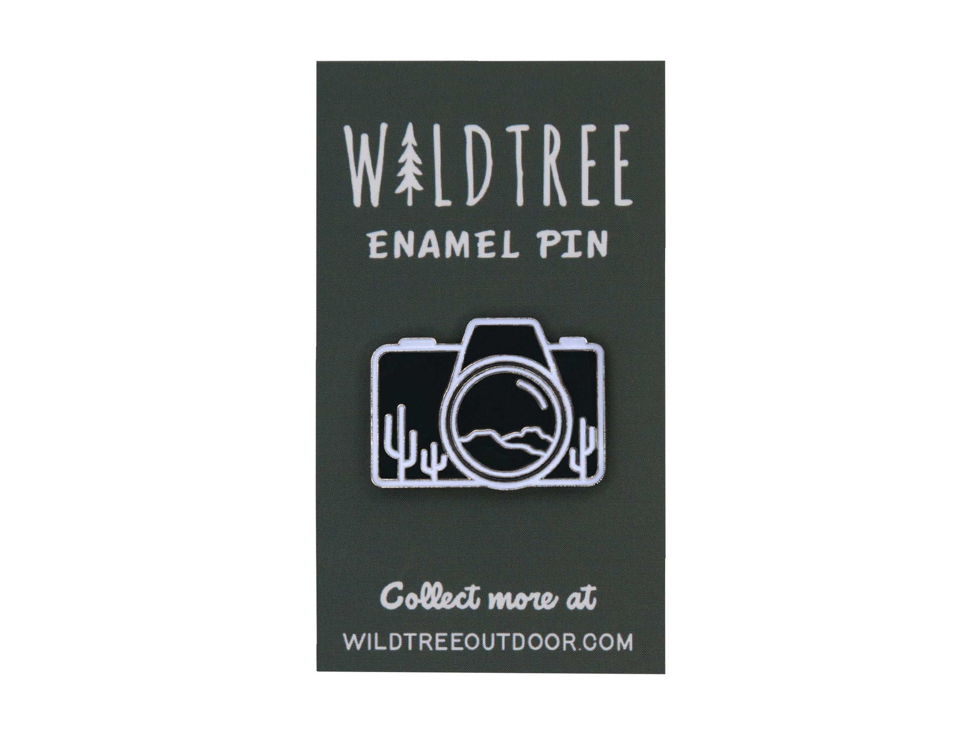 Camera shaped enamel pin with desert mountains and cacti on enamel pin green backing 