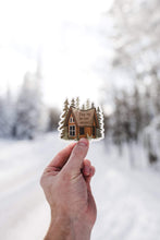 Load image into Gallery viewer, hand holding Find me in the woods cabin sticker
