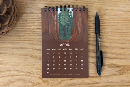 2023 April Redwood national park calendar sitting up on desk
