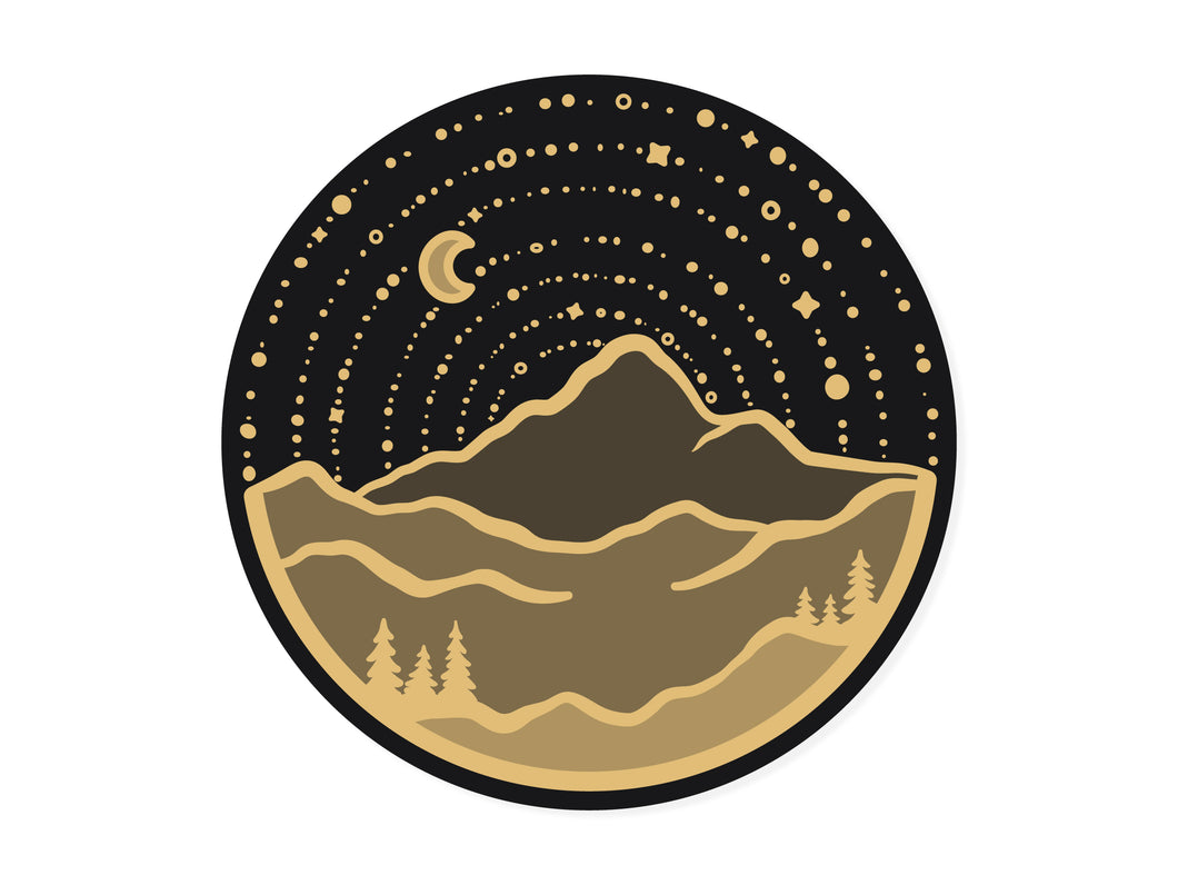 wildtree mountain adventure sticker black and gold circle with stars moon mountain range and trees