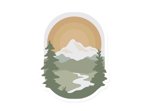 Wildtree Mountain Morning Sticker featuring mountains trees and river