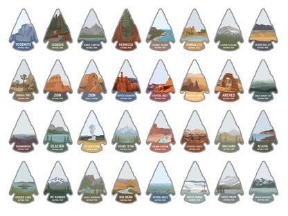 National park arrowhead shaped stickers of different parks in color