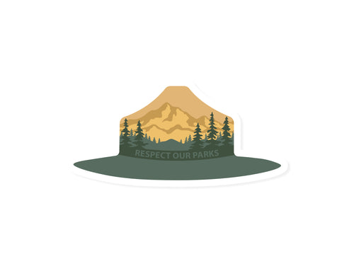 Respect Our Parks Park Ranger Hat Sticker Illustration with Trees and Mountains