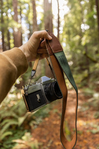 arm extended out holding Wildtree Sequoia camera strap connected to film camera