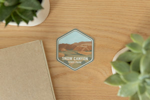 Snow canyon state park sticker design on wood background