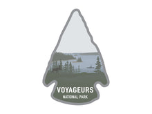 Load image into Gallery viewer, National park arrowhead shaped stickers of Voyageurs national park in color
