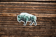 Load image into Gallery viewer, Bison shaped Landscape Sticker design with trees and mountains
