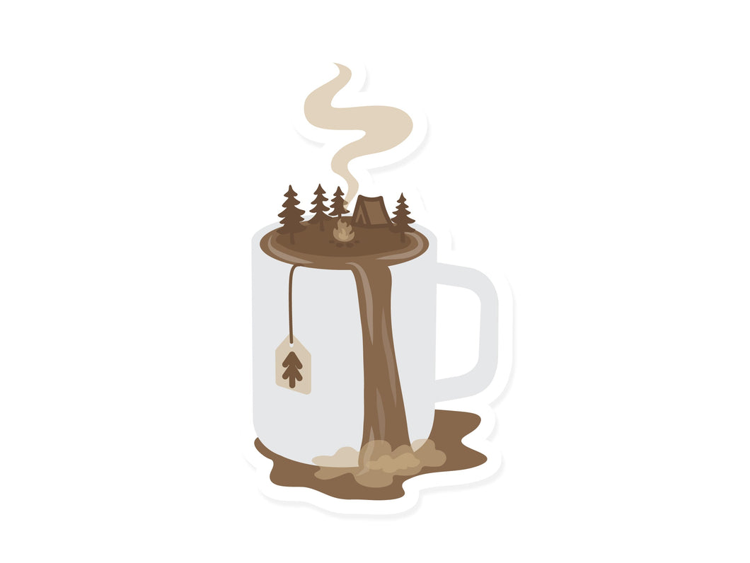 Wildtree Camp Brew Sticker featuring mug with campsite on top 