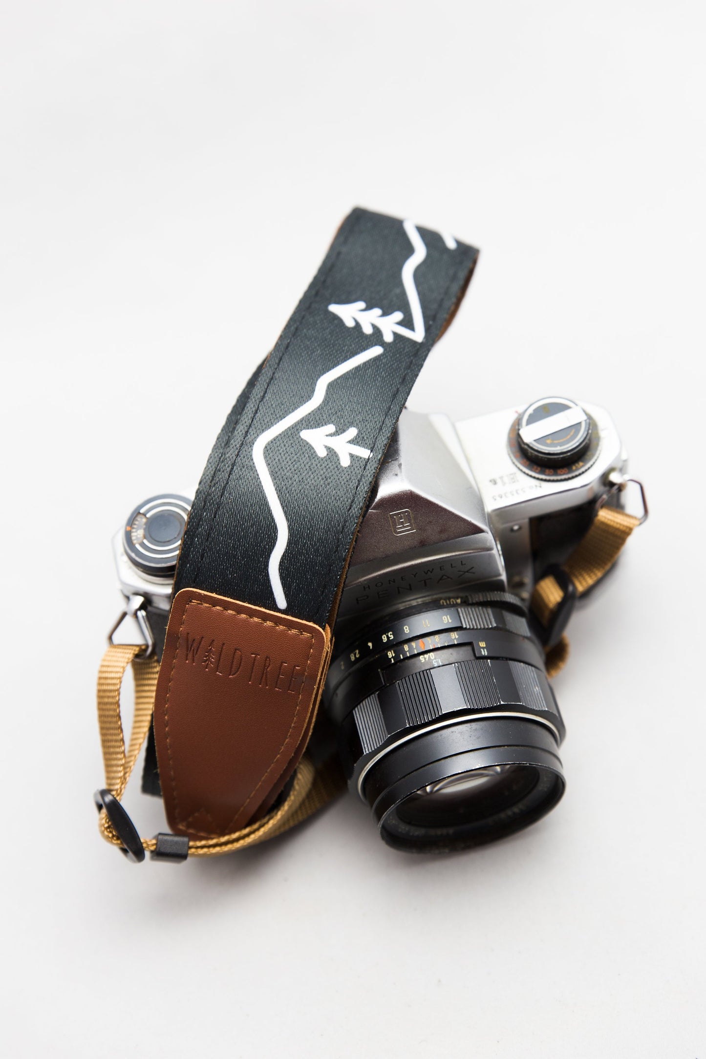 Wildtree Simple Mountain and tree Design Camera Strap dark blue and white with brown synthetic leather ends