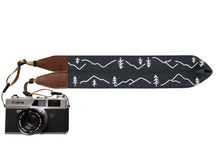 Load image into Gallery viewer, Wildtree Simple Mountain and tree Design Camera Strap dark blue and white with brown synthetic leather ends
