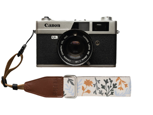 Wildtree Wildflower Floral camera wrist strap attached to Canon film camera