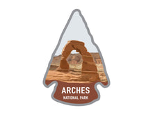Load image into Gallery viewer, National park arrowhead shaped stickers of arches national park in color
