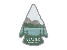 Load image into Gallery viewer, National park arrowhead shaped stickers of glacier national park in color
