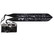 Load image into Gallery viewer, Wildtree Van life Camera strap featuring mountains, trees, cacti and Volkswagen Bus
