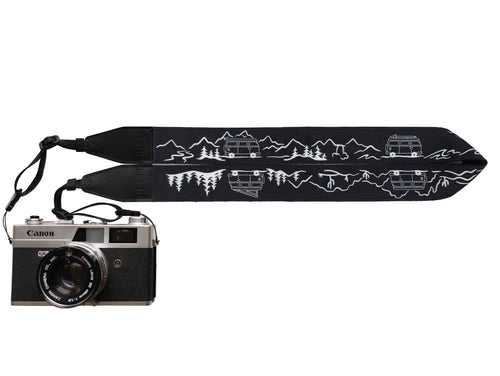 Wildtree Van life Camera strap featuring mountains, trees, cacti and Volkswagen Bus