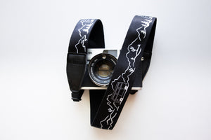 Wildtree Van life Camera strap featuring mountains, trees, cacti and VW Bus