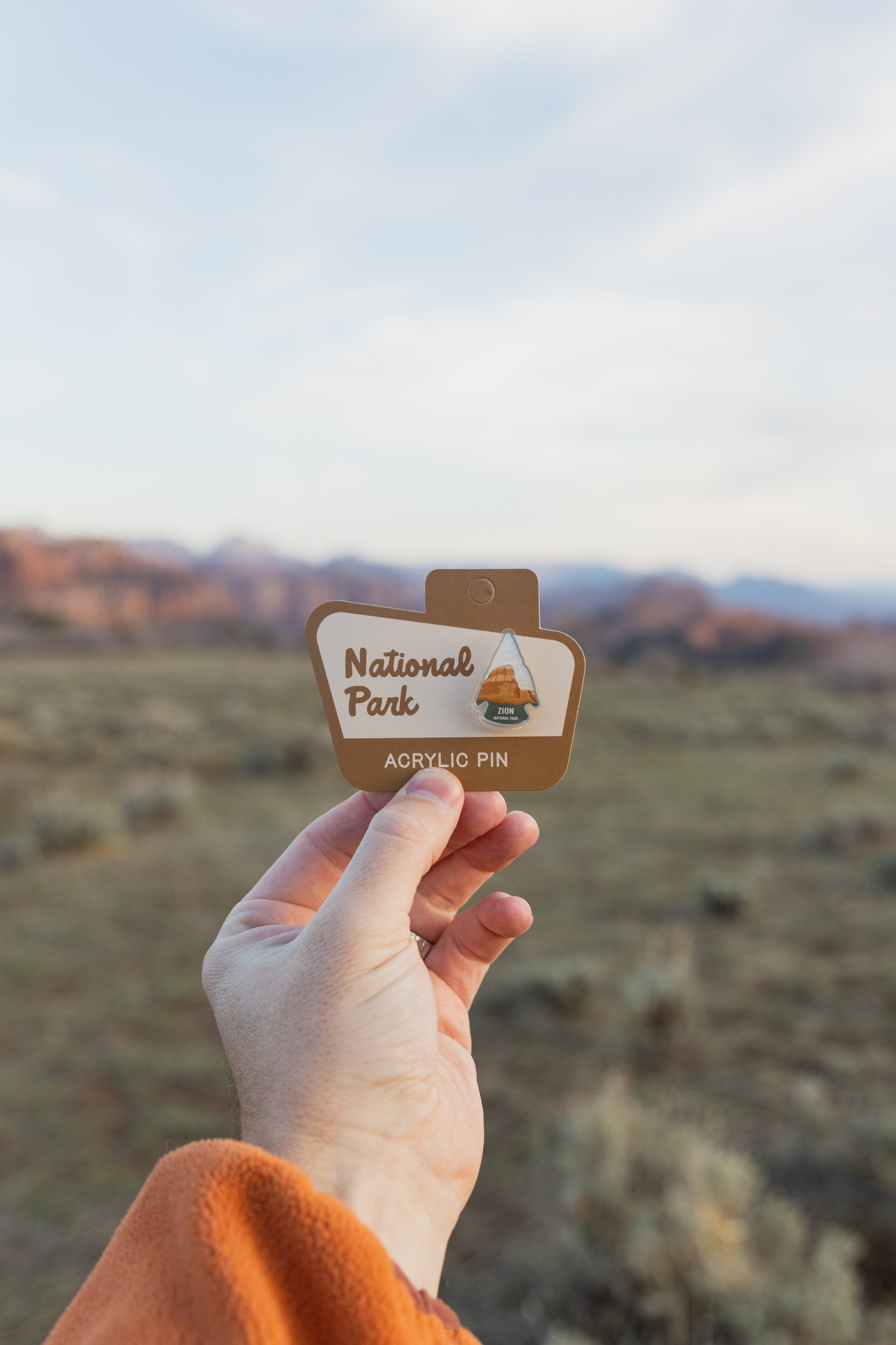 Hand holding up Zion National Park Pin with Backing