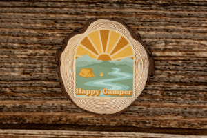 Happy camper wildtree sticker on wood background