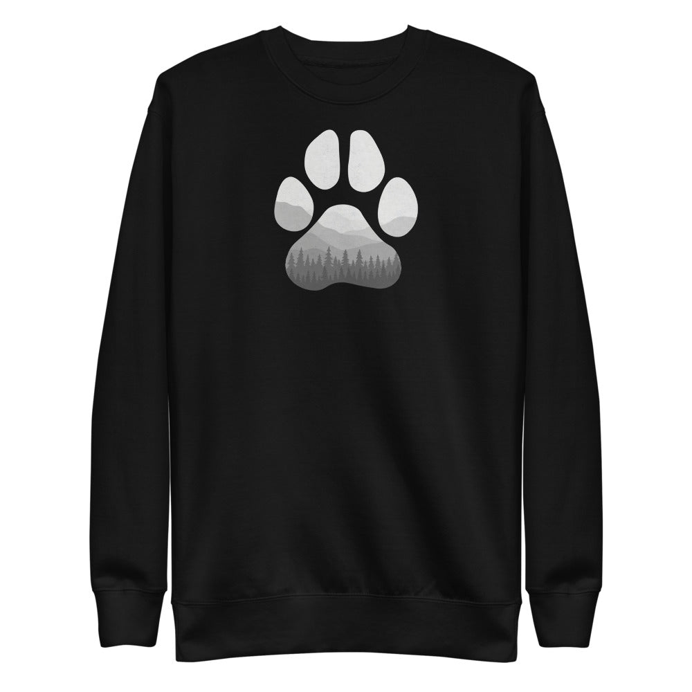 Black Adventure Paw Unisex Fleece Pullover - Paw shaped design in middle of shirt. Forest and mountains designed in paw shape. 