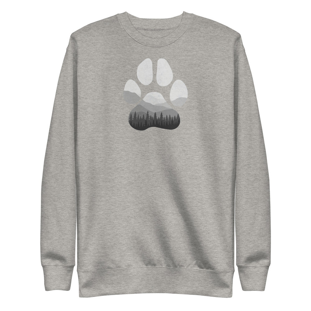 Gray Adventure Paw Unisex Fleece Pullover - Paw shaped design in middle of shirt. Forest and mountains designed in paw shape. 