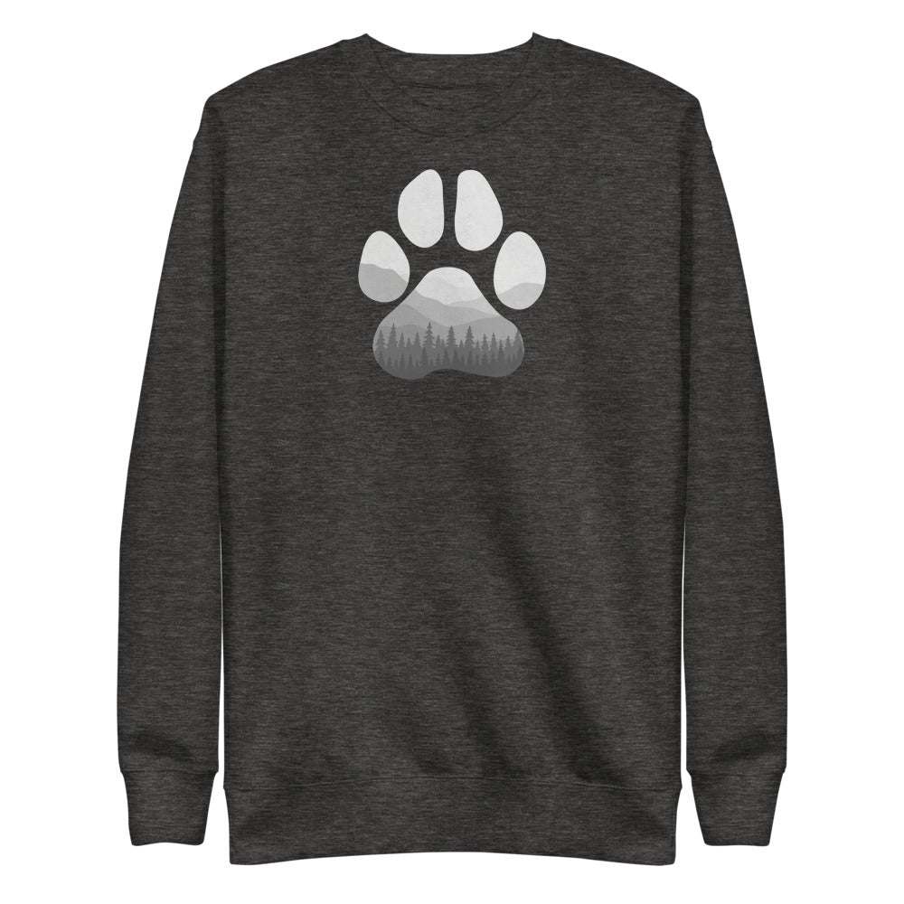 Charcoal Adventure Paw Unisex Fleece Pullover - Paw shaped design in middle of shirt. Forest and mountains designed in paw shape. 