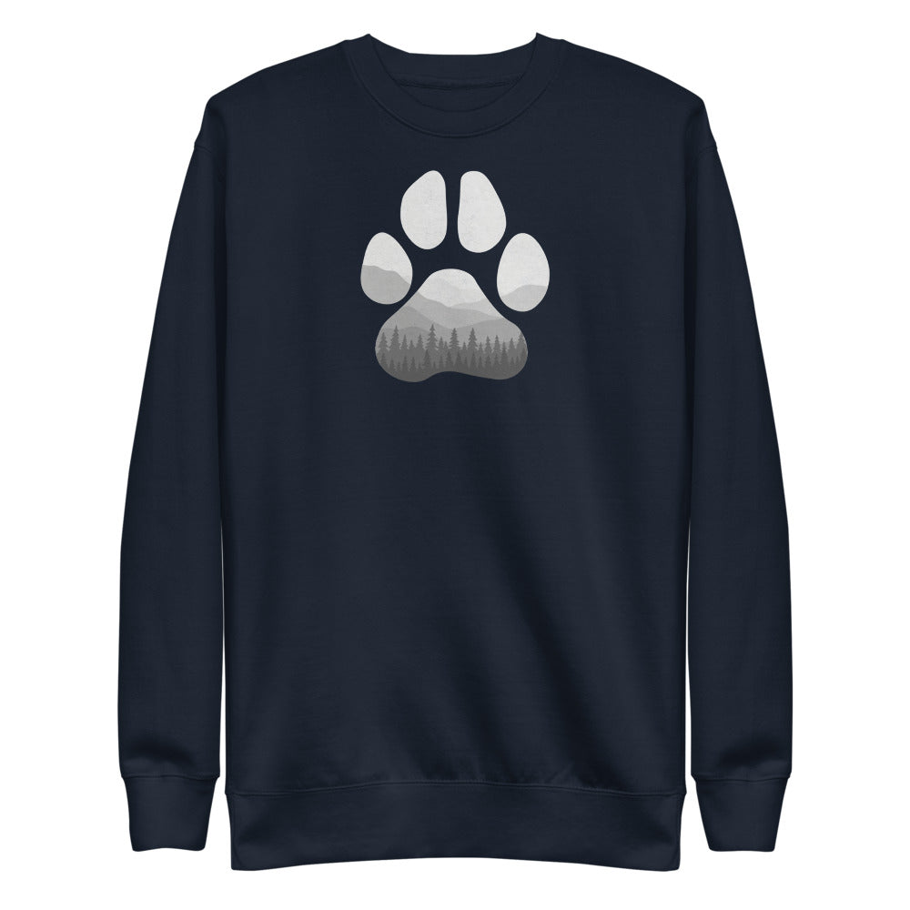 Blue Adventure Paw Unisex Fleece Pullover - Paw shaped design in middle of shirt. Forest and mountains designed in paw shape. 