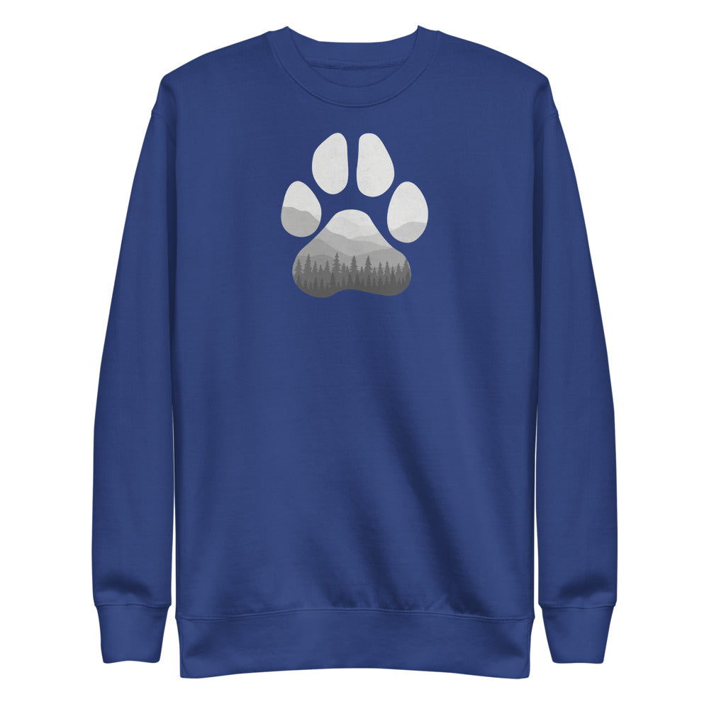 Royal Adventure Paw Unisex Fleece Pullover - Paw shaped design in middle of shirt. Forest and mountains designed in paw shape. 