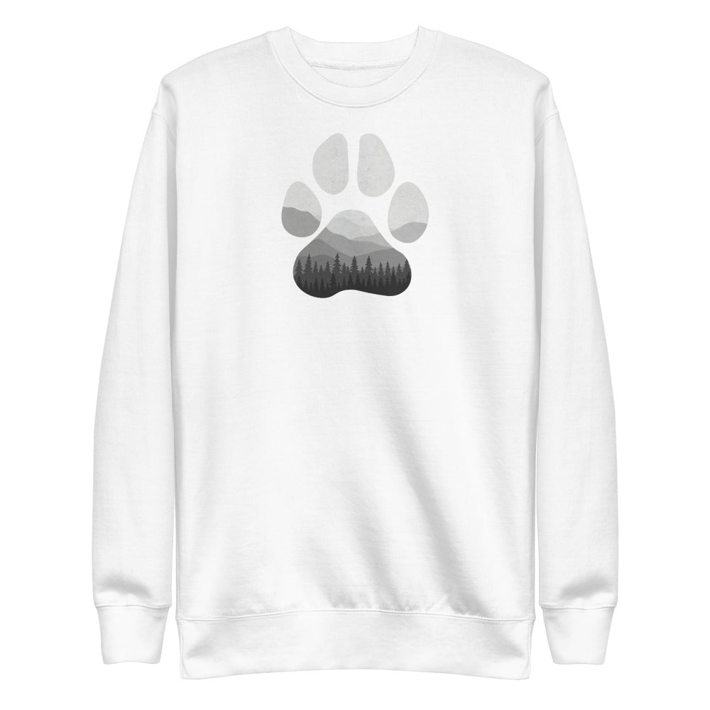 White Adventure Paw Unisex Fleece Pullover - Paw shaped design in middle of shirt. Forest and mountains designed in paw shape. 