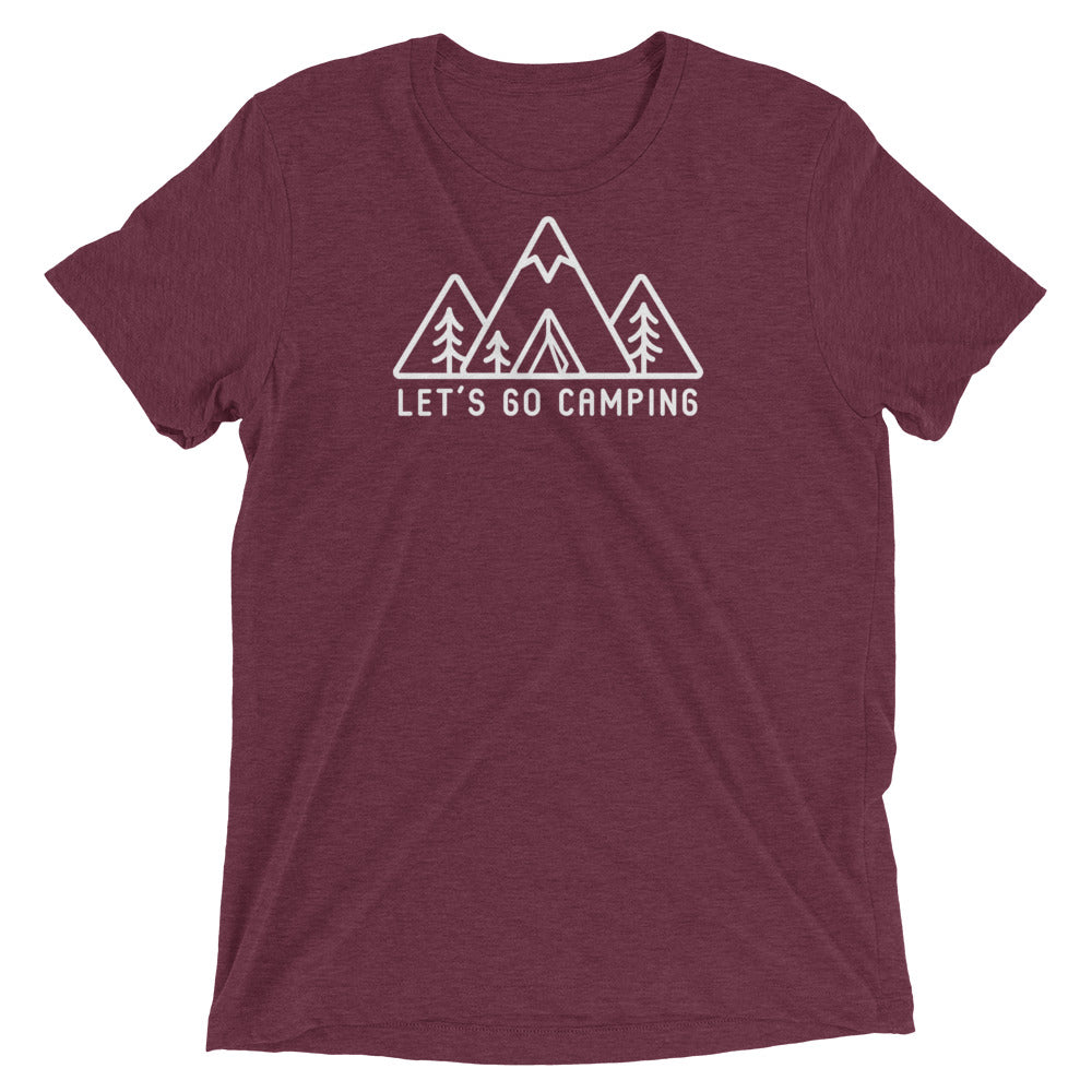 maroon unisex tri blend t-shirt with simple mountain design and the words "Let's go camping" 
