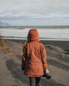 Women walking on Iceland beach holding DSLR with Wildtree Pinetree camera wrist strap attached