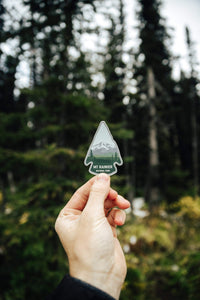 hand holding wildtree mt rainier sticker in front of a forest