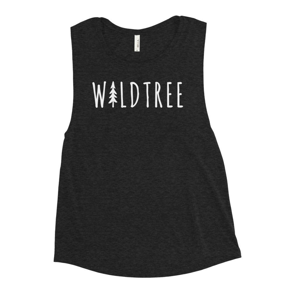 black heather womens muscle tank with in big letters wildtree logo in white center of shirt