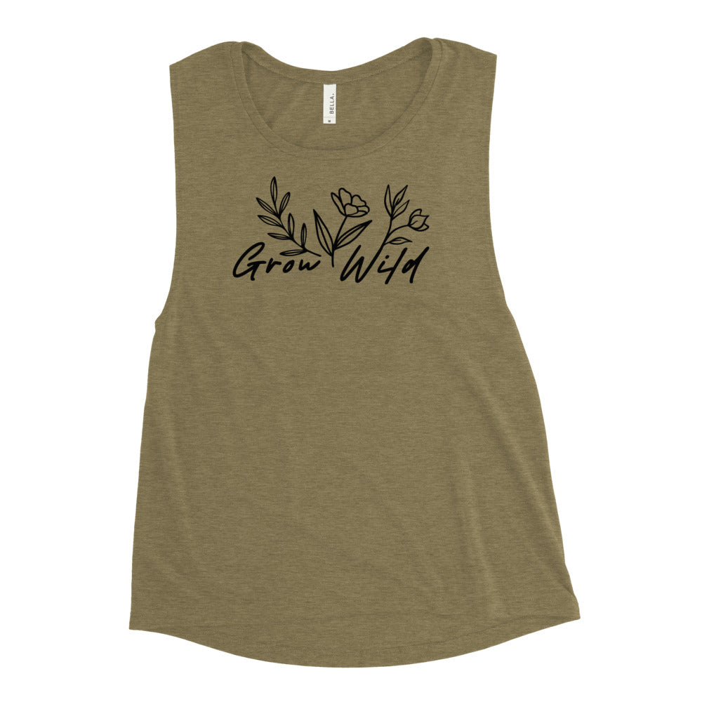 olive womens-muscle-tank-athletic with floral design in center and words "grow wild"
