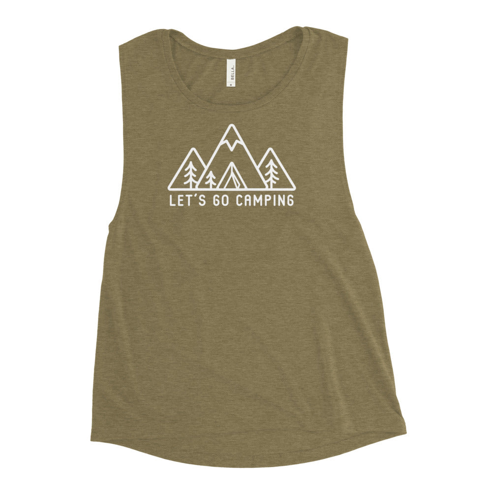 olive colored womens muscle tank with simple mountain design and the words "Let's go camping" 